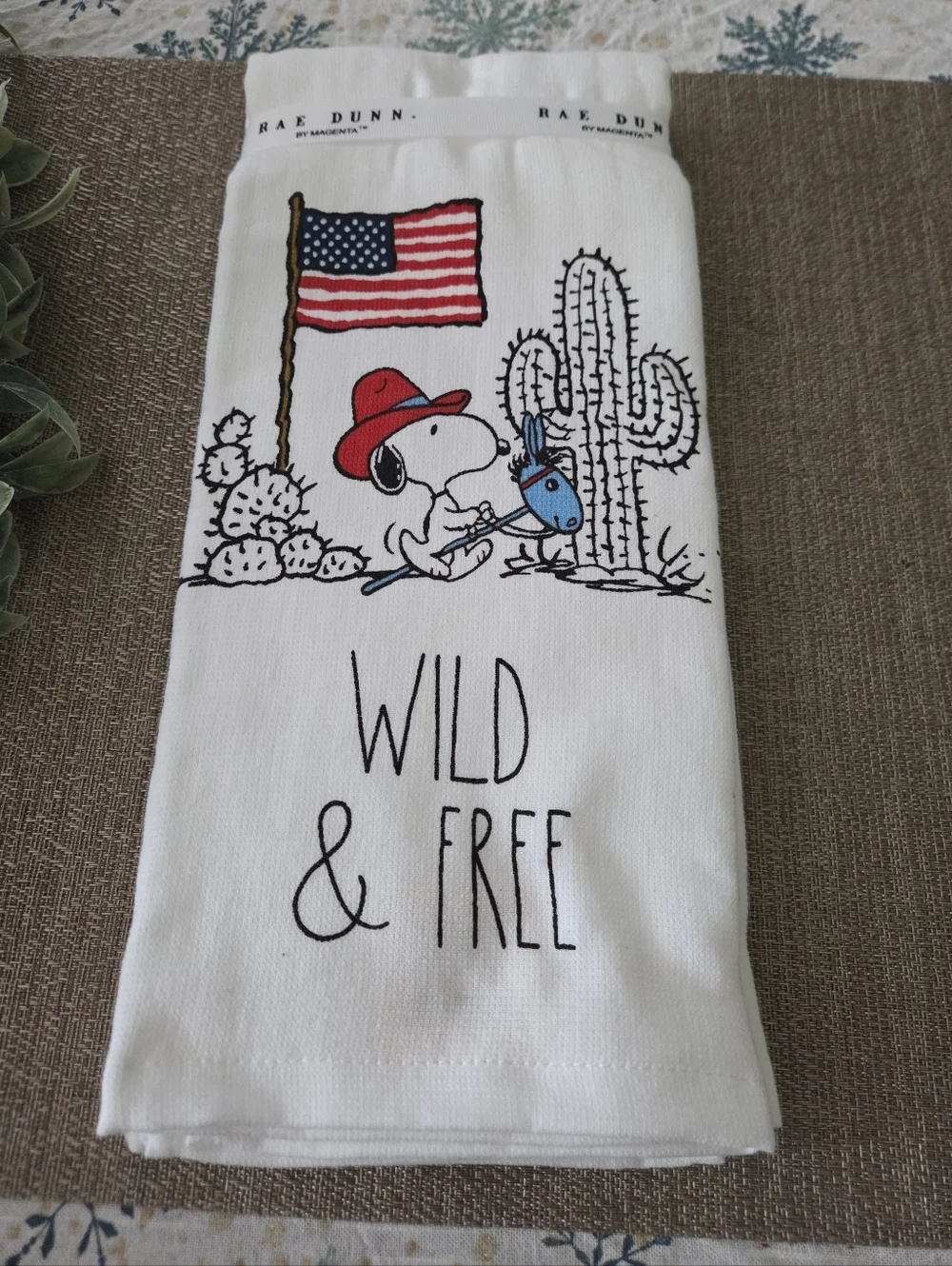 Rae Dunn White Kitchen Towels with Snoopy Cowboy and Flag